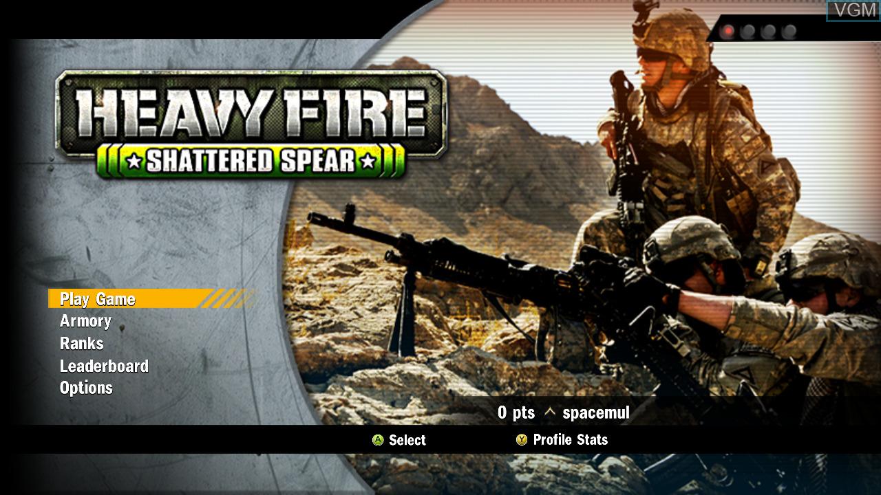 Heavy Fire: Shattered Spear title screen for Xbox 360
